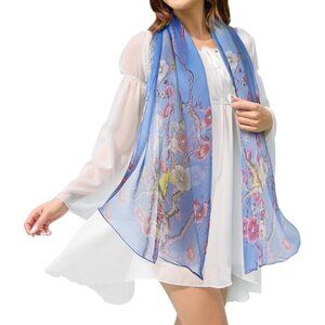 Women's Blue-flower Fashion Lightweight Head Scarf Floral Print Chiffon Scarves